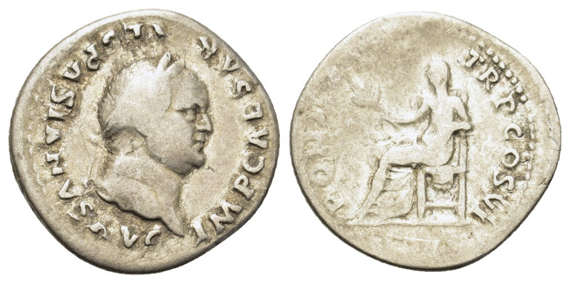 Vespasian (69-79). AR Denarius (19,6mm, 3g). Rome. Laureate bust of Vespasian ri...