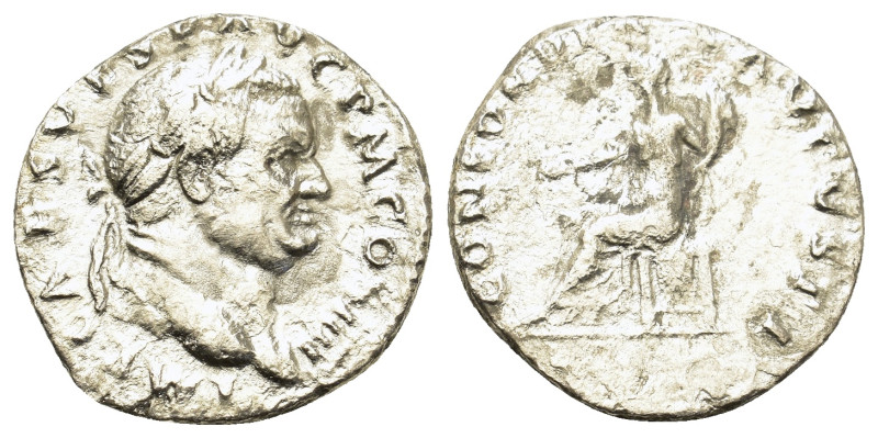 Vespasian (69-79). AR Denarius (18mm, 2.5g). Rome. Head of Vespasian, laureate, ...