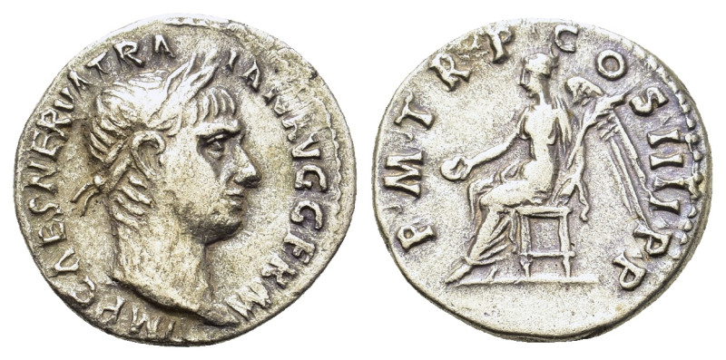 Trajan (98-117). AR Denarius (18,5mm, 3g). Rome, AD 102. Laureate head r. R/ Vic...