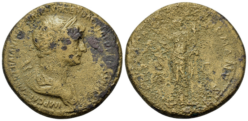 Trajan (98-117). Æ Sestertius (35mm, 24,6g). Rome, AD 114-117. Laureate and drap...