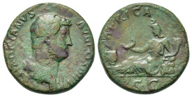Hadrian (117-138). Æ Dupondius (25,4mm, 14g). "Travel series" issue. Rome, AD 130-133. Laureate and draped bust r. R/ Africa reclining l., leaning on ...
