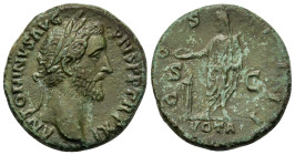 Antoninus Pius (138-161). Æ As (26mm, 11g). Rome, AD 147-148. Laureate head r. R/ Veiled emperor standing l., sacrificing from patera over altar; S-C ...