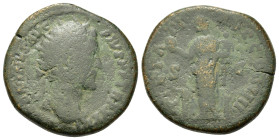 Antoninus Pius (138-161). Æ Dupondius (25,5mm, 12.4g). Rome, AD 159-160. Radiate head r. R/ Pietas standing l., holding globe and child, a child at ei...