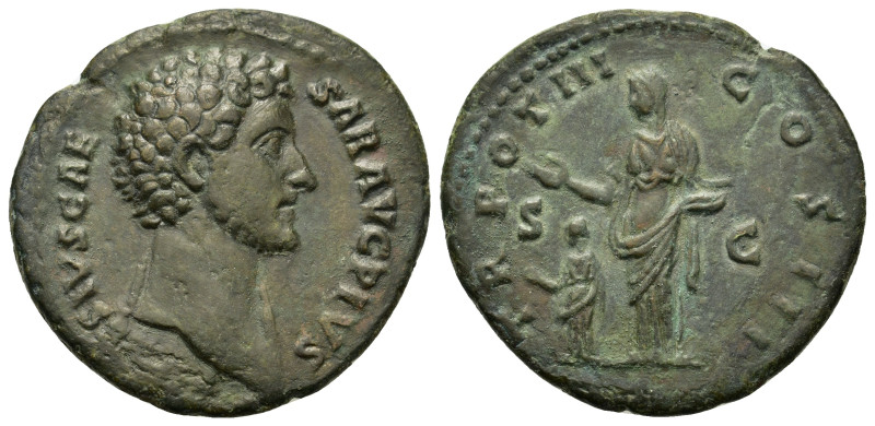 Marcus Aurelius (Caesar, 139-161). Æ As (28,2mm, 8.4g). Rome, AD 156-157. Bare h...