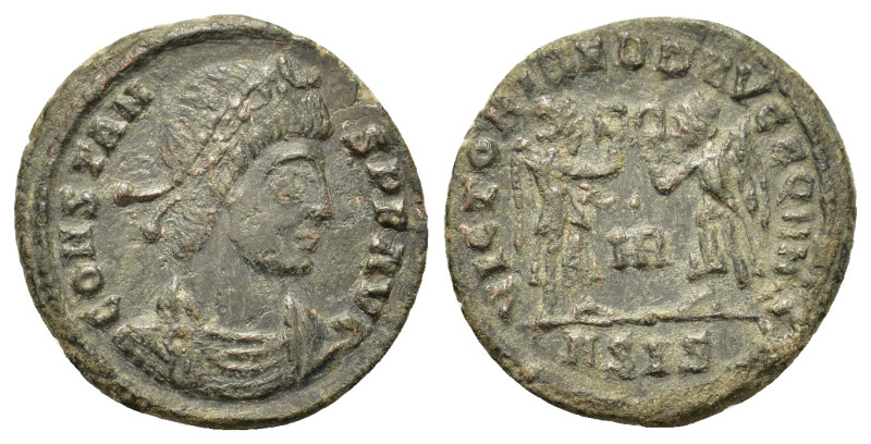 Constans (337-350). Æ Follis (16,6mm, 1.5g). Siscia. Diademed, draped and cuiras...