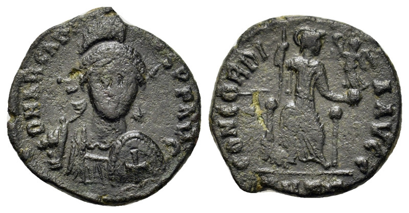 Arcadius (383-408). Æ (15,9mm, 2g). Antioch, AD 401-403. Pearl-diademed, helmete...