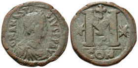 Anastasius I (491-518). Æ 40 Nummi (33,7mm, 17.3g). Constantinople, AD 498-518. Diademed, draped and cuirassed bust r. R/ Large M; star to l. and r., ...