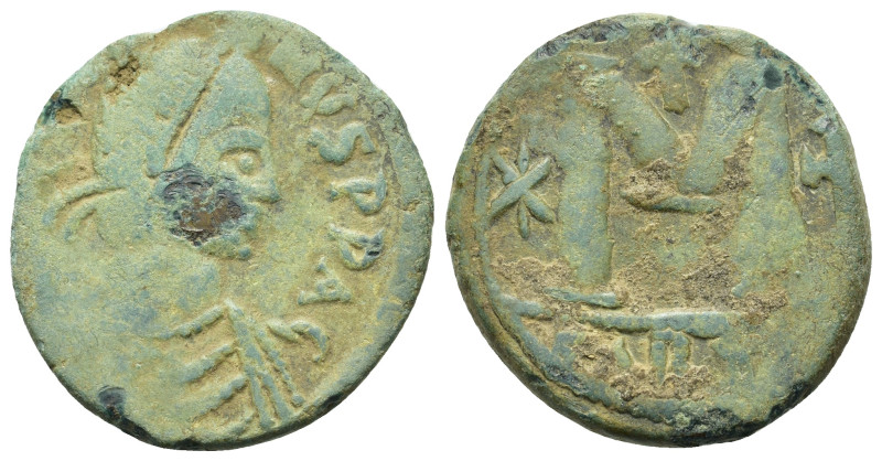 Justin I (518-527). Æ 40 Nummi (26mm, 11.20g). Carthage. Diademed, draped and cu...