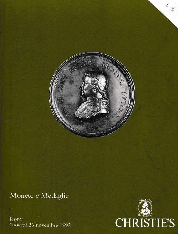 Christie's, Monete e medaglie. Roma, 26 novembre 1992. Brossura editoriale, 1002...