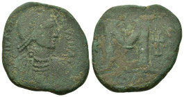 Justinian I (527-565). Æ 40 Nummi (28,1mm, 15g). Carthage, c. 533-538. Diademed, draped and cuirassed bust r., with Christogram on chest. R/ Large M; ...