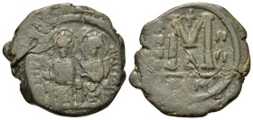 Justin II and Sophia (565-578). Æ 40 Nummi (30,4mm, 12.5g). Constantinople, year 4 (AD 568/9). Nimbate figures of Justin and Sophia seated facing on d...