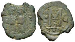 Justin II and Sophia (565-578). Æ 40 Nummi (26,7mm, 10g). Constantinople, year 6 (AD 570/1). Nimbate figures of Justin and Sophia seated facing on dou...
