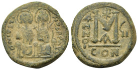 Justin II with Sophia (565-578). Æ 40 Nummi (29,1mm, 12.2g). Constantinople, year 7 (AD 571/2). Nimbate figures of Justin and Sophia seated facing on ...