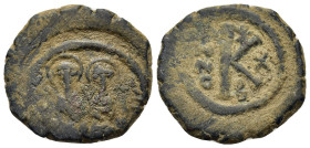 Justin II and Sophia (565-578). Æ 20 Nummi (24,1mm, 7.85g). Constantinople, year 10 (AD 574/5). Nimbate Justin II, holding globus cruciger, and nimbat...