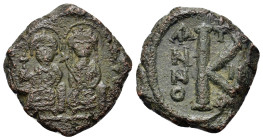 Justin II, with Sophia (565-578). Æ 20 Nummi (22mm, 7.2g). Thessalonica, uncertain year. Nimbate figures of Justin and Sophia seated facing on double ...