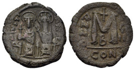 Justin II (565-578). Æ 40 Nummi (30mm, 13.7g). Nicomedia, year 7 (572/3). Justin and Sophia, both nimbate, enthroned facing; Justin holding globus cru...