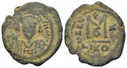 Maurice Tiberius (582-602). Æ 40 Nummi (27,5mm, 11g). Nicomedia, year 10 (AD 591/2). Helmeted and cuirassed bust facing, holding globus cruciger and s...