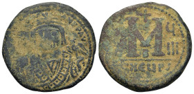 Maurice Tiberius (582-602). Æ 40 Nummi (31mm, 12.41g, 6h). Antioch, year 9 (AD 590/1). Facing bust, holding mappa and sceptre. R/ Large M; date across...