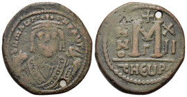 Maurice Tiberius (582-602). Æ 40 Nummi (27,6mm, 10.2g). Theoupolis (Antioch), year 12 (593/4). Crowned facing bust, wearing consular robes, holding ma...