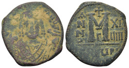 Maurice Tiberius (582-602). Æ 40 Nummi (26,5mm, 11.26g). Antioch, year 16 (AD 597/8). Crowned facing bust, wearing consular robes, holding mappa and e...