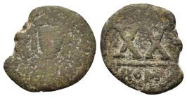 Maurice Tiberius (582-602). Æ 20 Nummi (19mm, 2.95g). Rome. Crowned, draped and cuirassed facing bust, holding globus cruciger. R/ Large XX; cross abo...