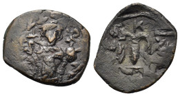 Constans II (641-668). Æ Follis (24.7mm 5.07g). Constantinople. Constans II standing facing, wearing crown surmounted by cross, holding long cross in ...
