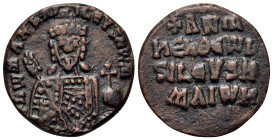 Constantine VII and Romanus I (913-959). Æ 40 Nummi (26mm, 6.9g). Constantinople, AD 931-944. Crowned facing half-length figure of Romanus, holding la...