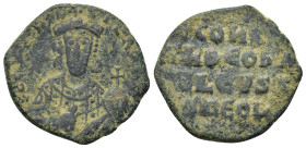 Constantine VII and Romanus I (913-959). Æ 40 Nummi (25,8mm, 7.8g). Constantinople, 945-950. Crowned facing bust of Romanus I, wearing loros, holding ...