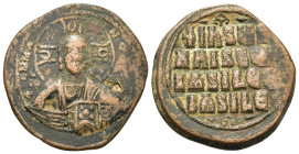 Anonymous, time of Basil II and Constantine VIII, c. 1020-1028. Æ 40 Nummi (30mm, 12,3g). Uncertain (Thessalonica?) mint. Facing bust of Christ Pantok...