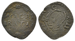 Italy, Macerata. Gregorio XIII, 1572-1585. Quattrino. Æ (14,6mm, 0.3g). Oval coat of arms in frame. R/ Inscription in garland of cornflowers. Munt. 44...