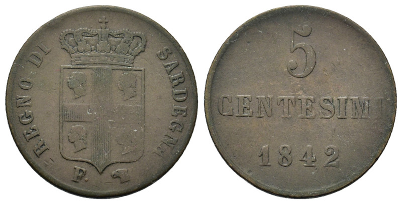 Italy, Kingdom of Sardinia. 	Charles Albert (1831-1849). AE 5 Cent 1842. (23,8mm...