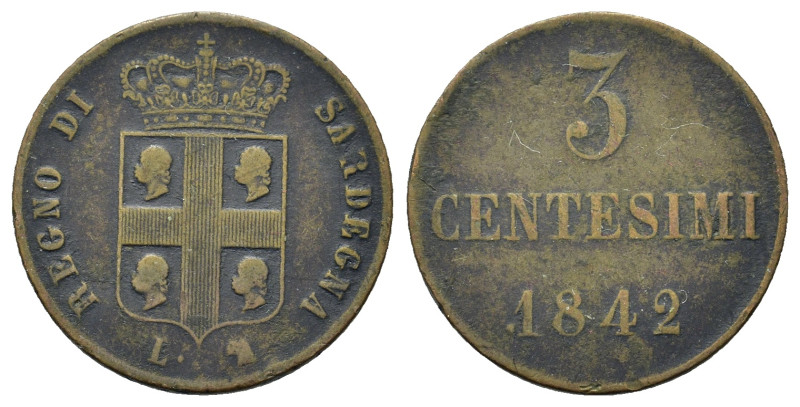Italy, Kingdom of Sardinia. 	Charles Albert (1831-1849). AE 3 Cent 1842. (20mm, ...