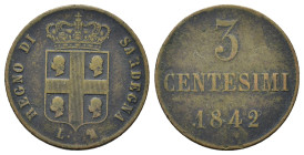 Italy, Kingdom of Sardinia. 	Charles Albert (1831-1849). AE 3 Cent 1842. (20mm, 2,8g).
