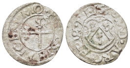 Livonia, Thomas Schoning (1528-1539). BI Schilling 1539, Riga (17,5mm, 0,8g). Arms. R/ Crossed cross and sceptre. Fed. 348-51.