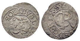 Livonia, Karl XI (1660-1697). BI Solidus 1666 (15mm, 0.4g). Crowned CR. R/ Arms. KMA5.