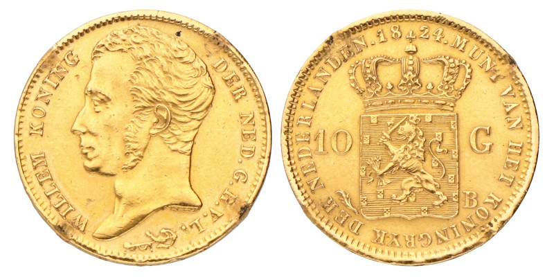 No reserve - 10 gulden. Willem I. 1824 B. Zeer Fraai -.
Montage sporen. Sch. 19...