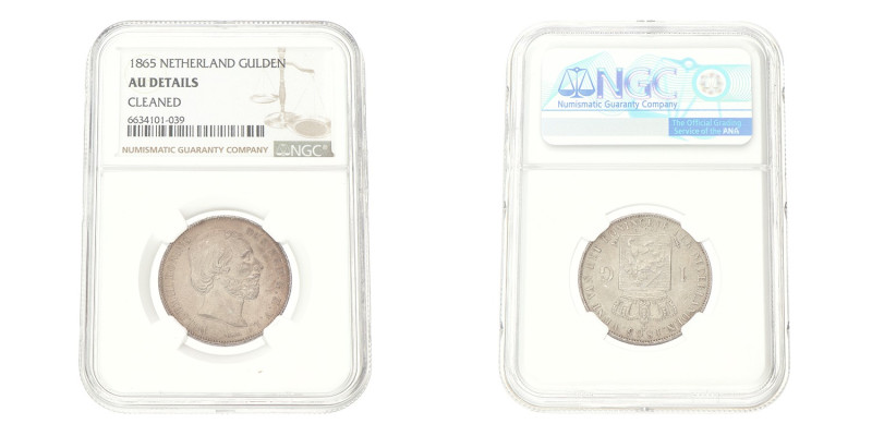 No reserve - 1 Gulden. Willem III. 1865. AU details.
NGC Graded: 6634101-039 Ge...