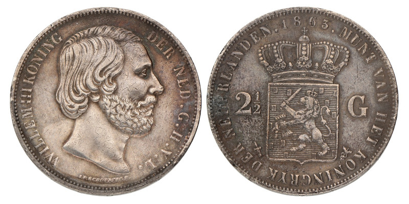 No reserve - 2½ Gulden. Willem III. 1863. Zeer Fraai +.
Gepoetst. Sch. 589. 24,...