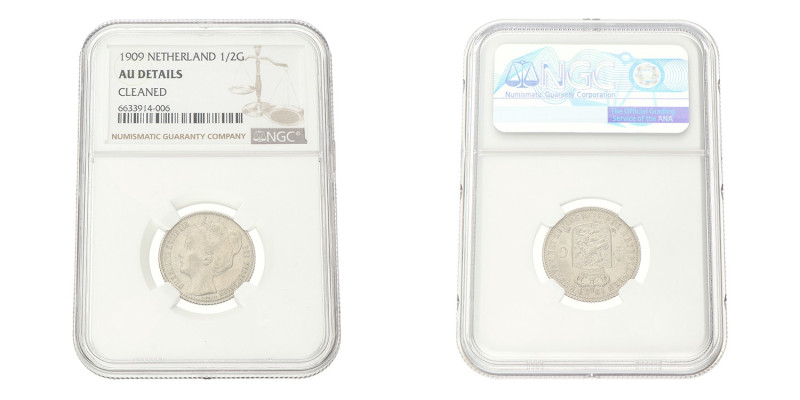 No reserve - ½ Gulden. Wilhelmina. 1909. AU details.
NGC Graded: 6633914-006 Ge...