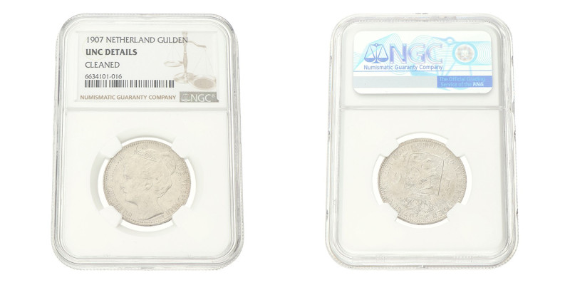 No reserve - 1 Gulden. Wilhelmina. 1907. UNC details.
NGC Graded: 6634101-016 G...