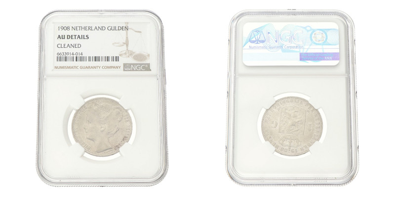 No reserve - 1 Gulden. Wilhelmina. 1908. AU details.
NGC Graded: 6633914-014. G...