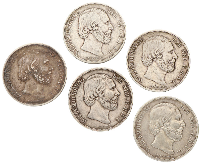 No reserve - Lot (5) 2½ Gulden. Willem III. 1849 - 50 - 51 - 52 - 71. Zeer Fraai...