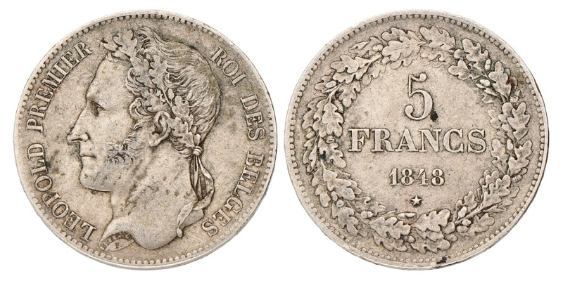 No reserve - Belgium. Leopold I. 5 Francs. 1848.
Lightly cleaned. M. 14. 25 g. ...