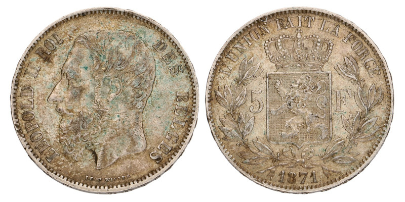 No reserve - Belgium. Leopold II. 5 Francs. 1871.
M. 158. 24,90 g. XF -. Dit ka...