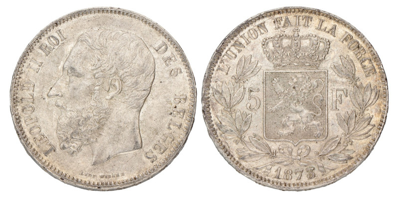 No reserve - Belgium. Leopold II. 5 Francs. 1873.
Lightly cleaned. P R O T E G ...