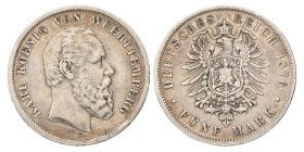 No reserve - German states. Württemberg. Karl I. 5 Mark. 1876 F.
AKS 139. J. 173. 27,50 g. VF. Dit kavel wordt geveild zonder minimumprijs.