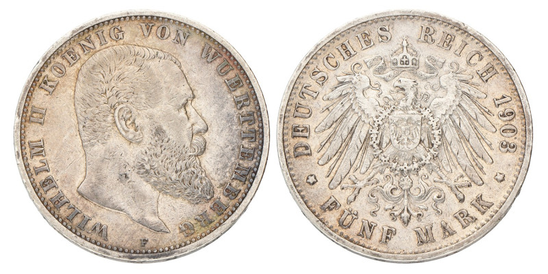 No reserve - German states. Württemberg. Wilhelm II. 5 Mark. 1903 F.
AKS 143. J...
