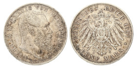 No reserve - German states. Württemberg. Wilhelm II. 5 Mark. 1907 F.
AKS 143. J. 176. 27,81 g. VF +. Dit kavel wordt geveild zonder minimumprijs.