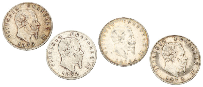 No reserve - Italy. Vittorio Emanuele II. Lot (4) 5 Lire. 1872 - 1873 - 1874 - 1...