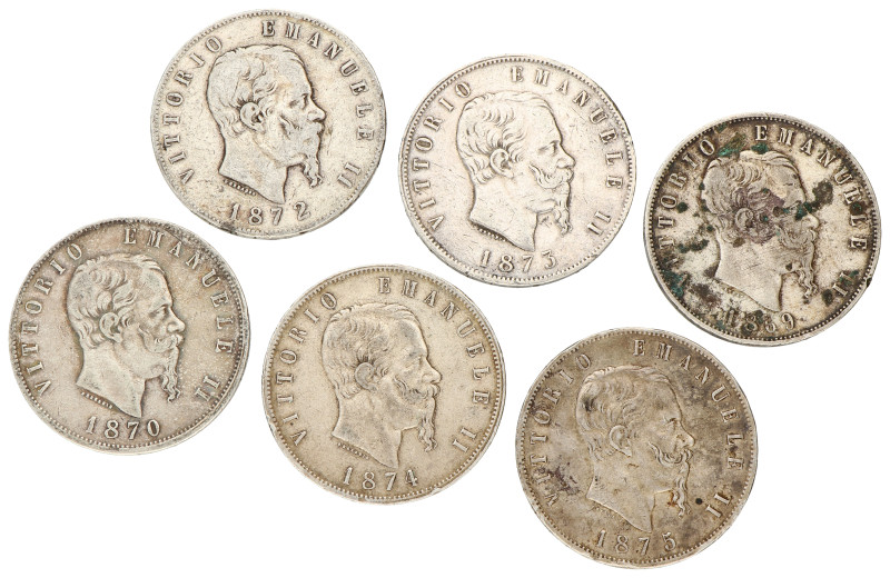 No reserve - Italy. Vittorio Emanuele II. Lot (6) 5 Lire. 1869 - 1875.
149,5 g....